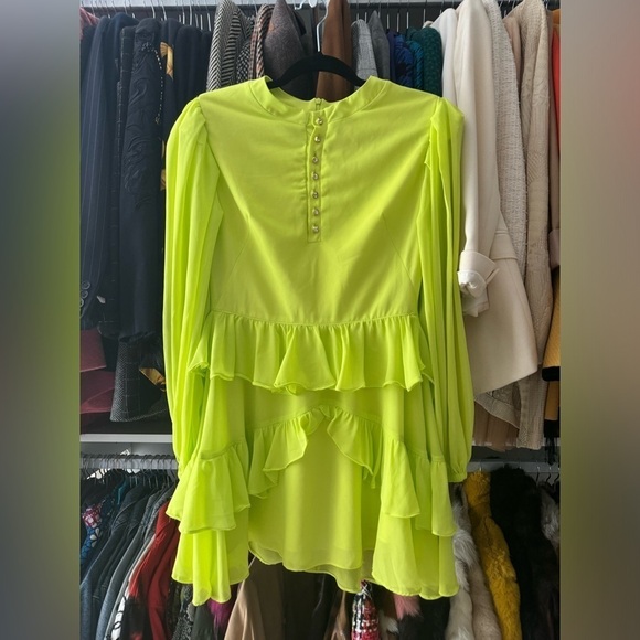Anne Fernandes- Lime Neon Green Longsleeve Ruffle Layer Button Down Mini Dress - Picture 2 of 7